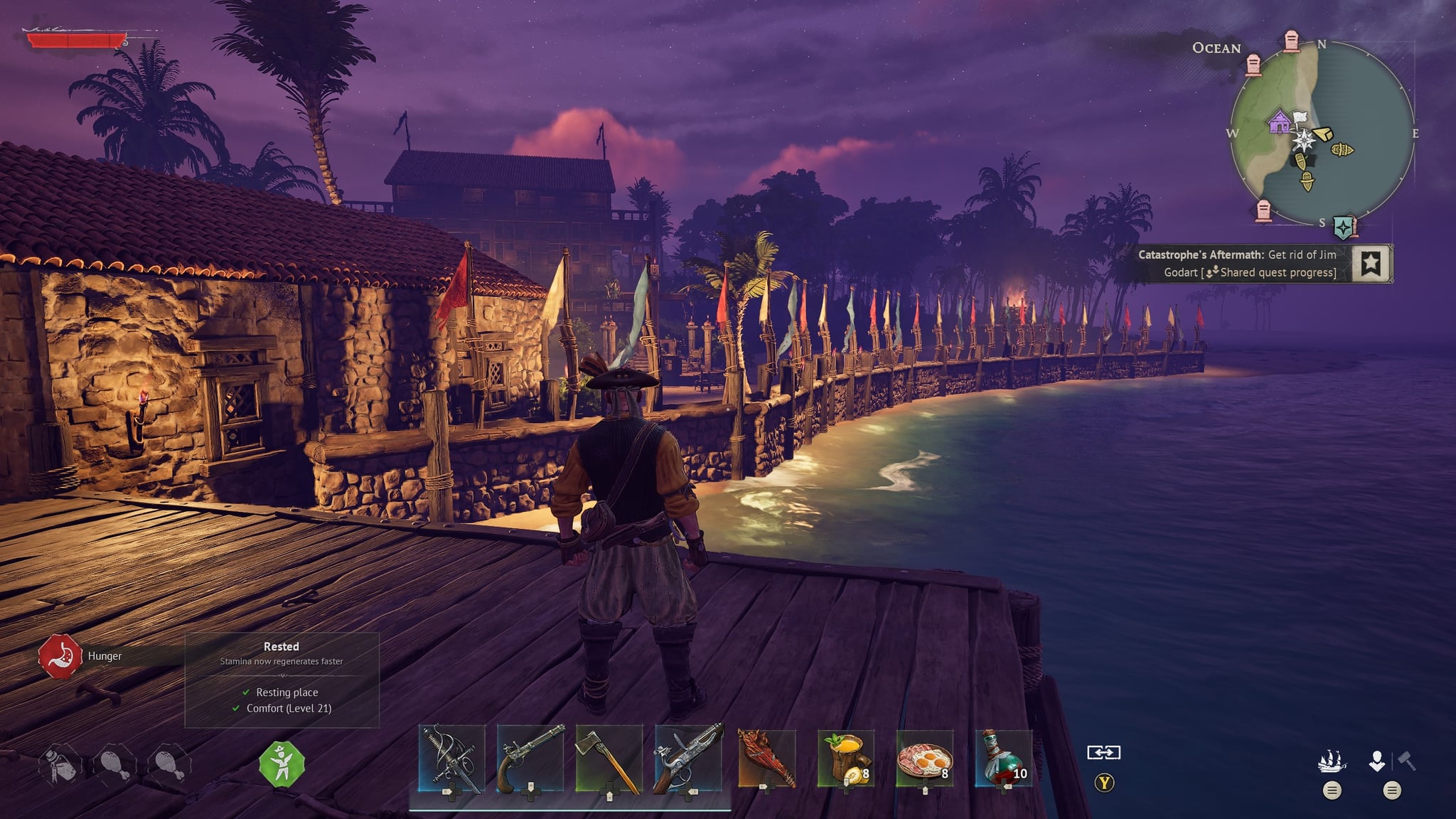 The outside of my sea wall at my pirate base on windrose. | Lowlight