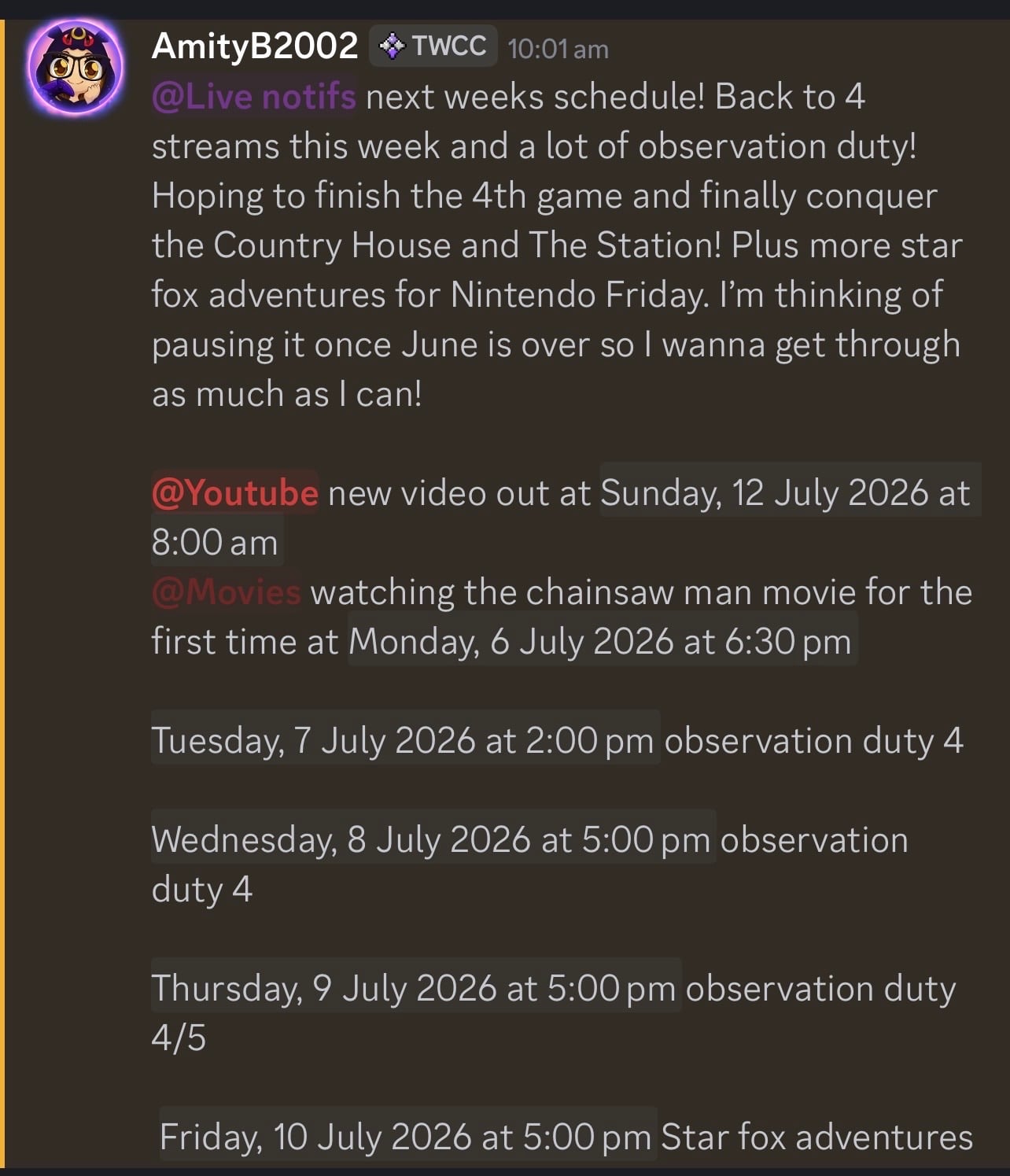 Stream schedule 7/7-10/7 | Lowlight