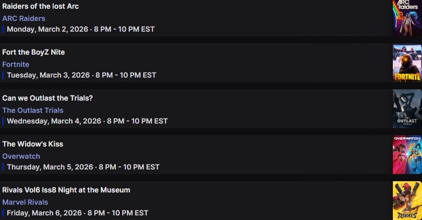 Stream Schedule for week of 3/2/26 | Lowlight