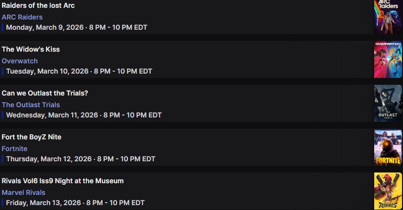 Stream schedule week of 3/9/26 | Lowlight