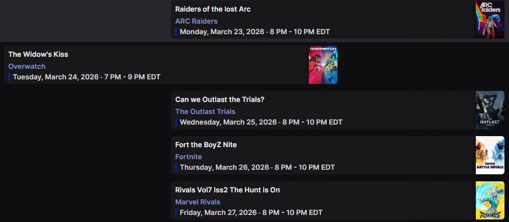 Stream schedule for week of 3/23/26 | Lowlight