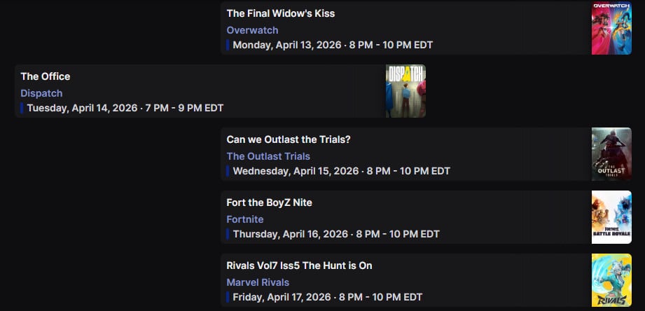 Stream schedule week of 4.13.26 | Lowlight