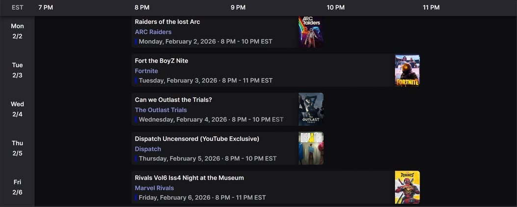 Stream Schedule for week of 2/2/26 | Lowlight