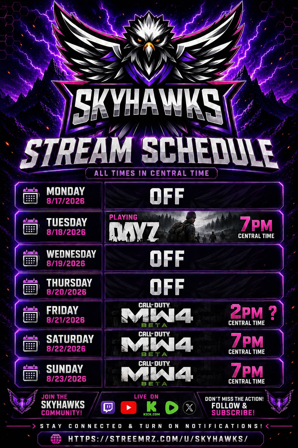 Skyhawks Stream Schedule 8/17/26 to 08/23/2026 | Lowlight